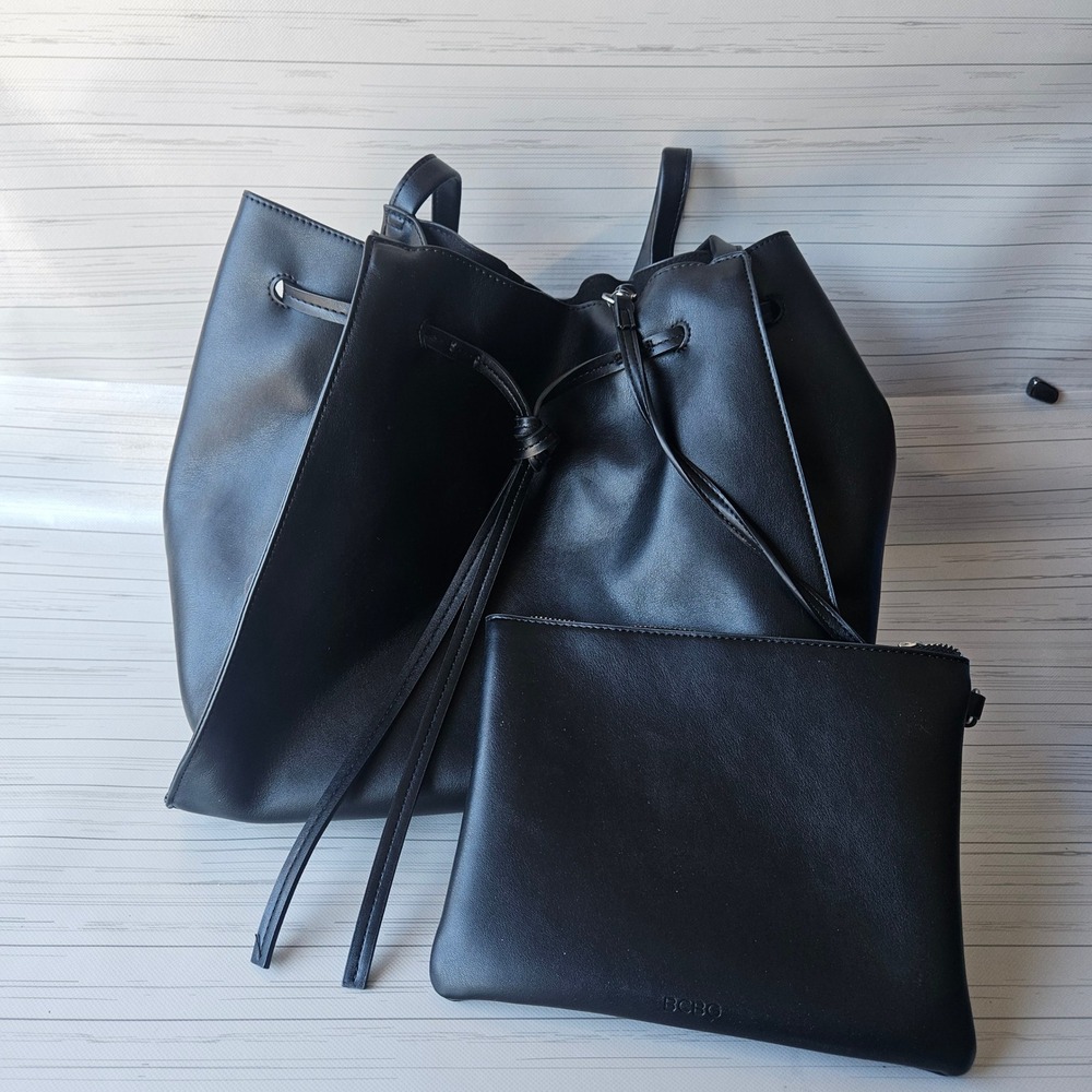BCBG Bucket Bag Women Medium Black Faux Leather Drawstring Tote with Pouch Set